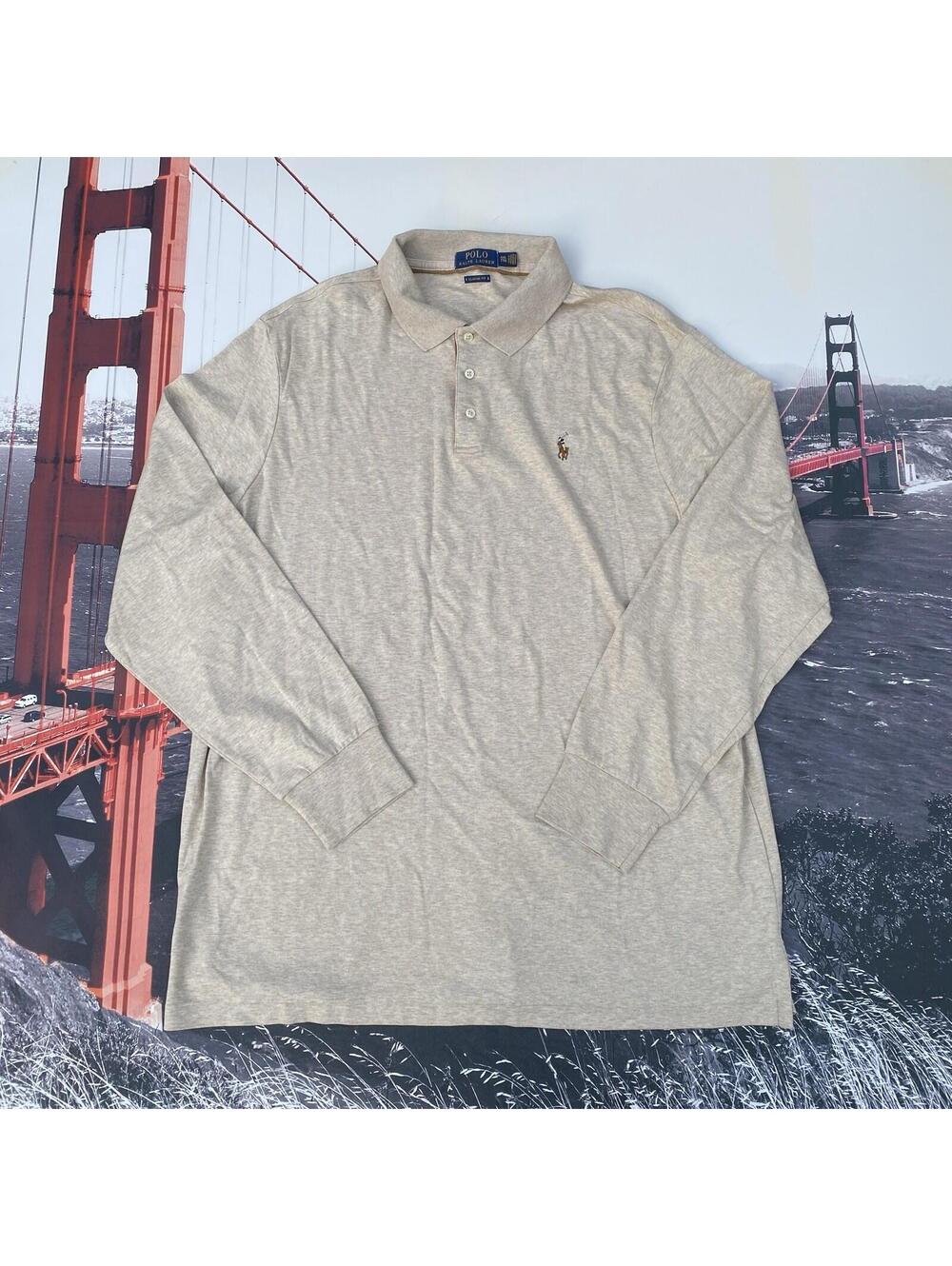 Polo Ralph Lauren Long Sleeve Polo Shirt Mens XXL 2XL Beige Classic Fit Preppy